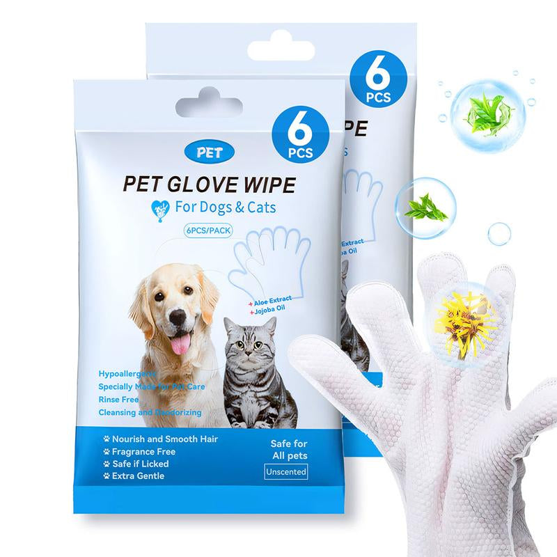 Pet Grooming Gloves, 6 PCS Pet Hair Skin Care Gloves, Portable Pet Cleaning Wipes, Pet Supplies, for Daily Care and Travel